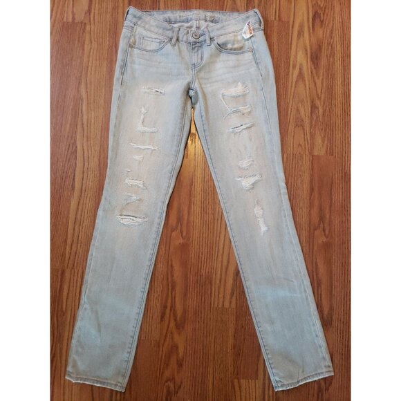 New American Eagle Skinny Jeans Womens 0 Blue Light Wash Cotton Low Rise Ripped - Picture 2 of 12